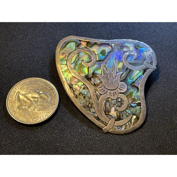 925 Sterling Silver Taxco Abalone Lotus Brooch - Picture 3 of 7